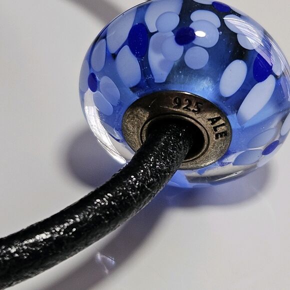 **Sale** Pandora Black Cord Bracelet W/ Large Blue Flowered Murano Glass Bead 7" - Picture 11 of 16
